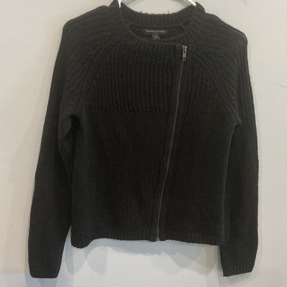 Banana Republic Womens Wool Blend Cardigan Sweater S Black Asymmetric Zip Moto